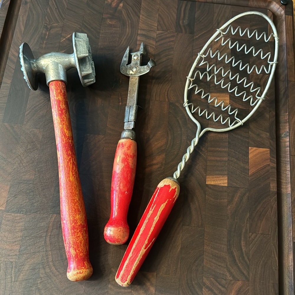 Vintage Red Wood Handle Kitchen Utensils